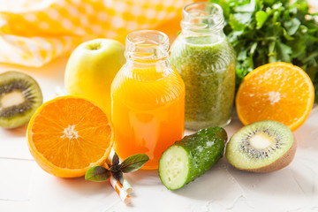 vegetable cocktail and ingredients on a table, selective focus