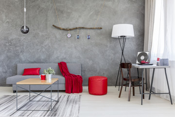 Grey interior with red details
