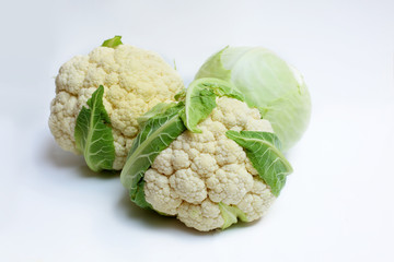 cabbage and cauliflower on white background