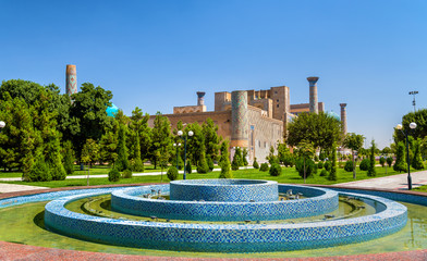 The blue mosaic fountain at Registan Square in Samarkand, Uzbekistan