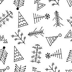 Seamless vector pattern with fir-trees. Black and white seasonal winter background with different decorative hand drawn fir tree. Graphic illustration. Series of winter seamless vector patterns.