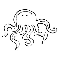Vector black and white  illustration. Octopus isolated on the white background. Hand drawn contour lines and strokes. Marine  logo, icon, sign, tattoo. Graphic vector illustration.