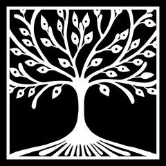 Vector hand drawn illustration, decorative ornamental stylized tree. Black and white graphic illustration isolated on the white background. Inc drawing silhouette. Decorative artistic ornamental wood