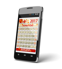 Touchscreen smartphone with november 2017. Image with clipping path.
