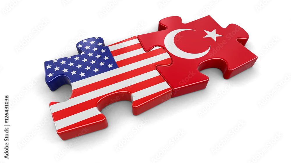 Poster usa and turkey puzzle from flags. image with clipping path