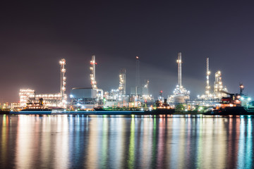 Oil refinery at night , reflection with river