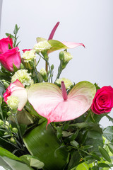 beautiful bouquet from fresh red roses and  anthurium
