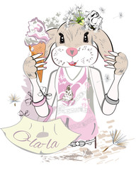 Cute bunny in knitted scarf and hat drrinking coffee. Vector illustration. Hand drawn graphic, kid print
