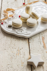 White truffle macaroons. Christmas background. Copyspace