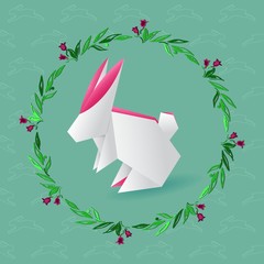 Origami hare with floral frame and seamless pattern