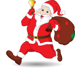 Fototapeta na wymiar Santa Claus Christmass cartoon old man with red hat, bell, and gift sack run with smile face on a white background vector illustration.