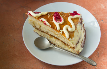 Homemade cake in white plate and tea