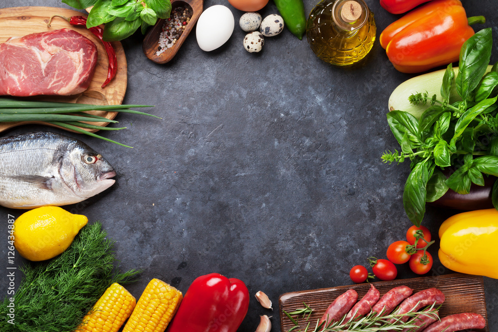 Wall mural Vegetables, fish and meat cooking