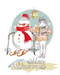 Christmas card with a Girl in a knitted hat and a Snowman skiing. Vector illustration.