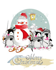Christmas card with a Snowman skiing and cute penguins in knitted hats.