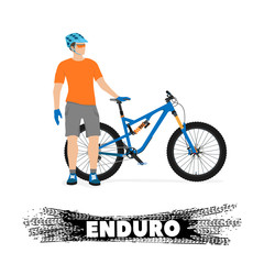 The cyclist with a bicycle on a white background with the inscription "Enduro" below. Equipment and bike for "Enduro".