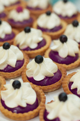 Cake, candies, marshmallows, cake, fruits and other sweets on dessert table..