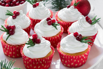 Christmas cupcakes with vanilla frosting, cranberries and rosemary on white wooden background. Selective focus