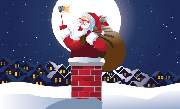 Santa Claus taking a Christmas selfie as he's about to go down the chimney to deliver Christmas gifts. EPS 10 vector.