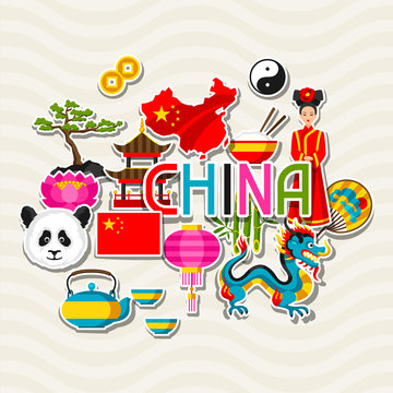 China background design. Chinese sticker symbols and objects