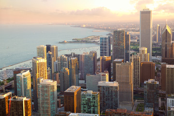 Chicago skyscrapers sunset aerial view, United States