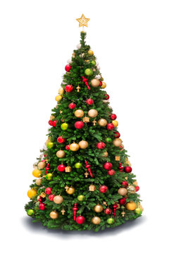 Geschm&uuml;ckter Weihnachtsbaum vor wei&szlig;em Hintergrund
