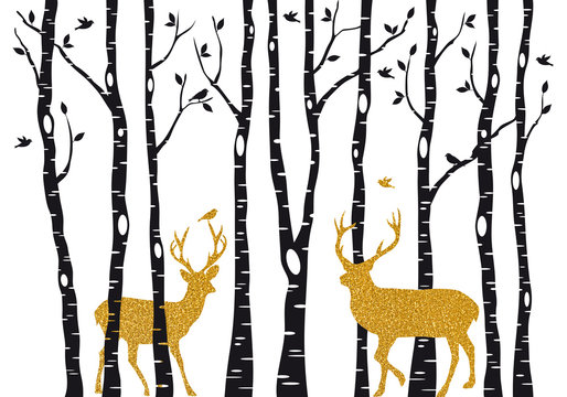 Birch trees with gold Christmas reindeer, vector