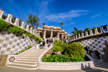 Park Guell in Barcelona, Spain. Detail of the stairs of salamander.