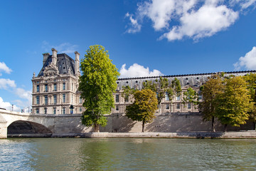 PARIS, FRANCE, april 25. Carousel Bridge (pont du Carrousel).  Join the Quai Malaquais with the Louvre Museum and the Place du Carrousel. View from the river Seine