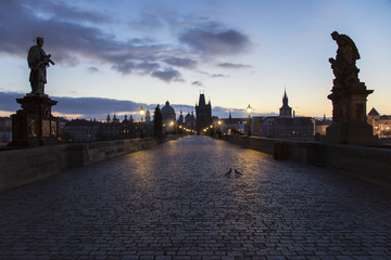 View from Charles bridge in Prague with red roofs, Czech Republic.