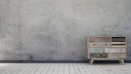 Vintage interior with aged wall and scandinavian chest of drawer - obrazy, fototapety, plakaty