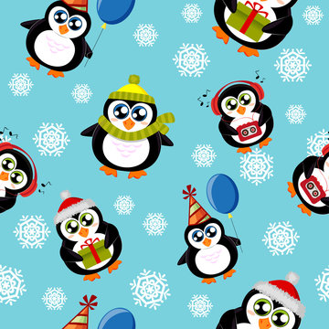 Seamless pattern with cute penguins and snowflakes