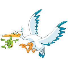 Cute and happy cartoon stork bird flying and frog, isolated on white background. Childish vector illustration and colorful book page for kids.