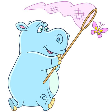 recommend clip art: Cute and happy cartoon hippo (hippopotamus, behemoth) and butterfly, isolated on white background. Childish vector illustration and colorful book page for kids.