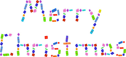 Frohe Weihnachten, Merry Christmas, Schriftzug aus Geschenken 