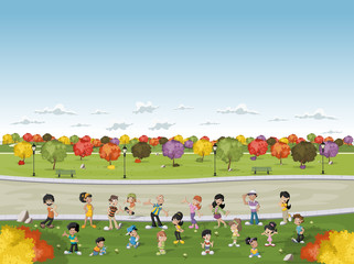 Cartoon family in a green park with grass and trees. Nature landscape.
