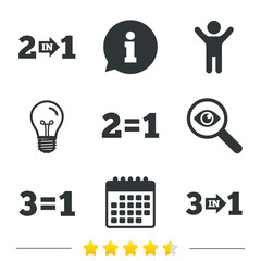 Special offer icons. Take two pay for one sign symbols. Profit at saving. Information, light bulb and calendar icons. Investigate magnifier. Vector