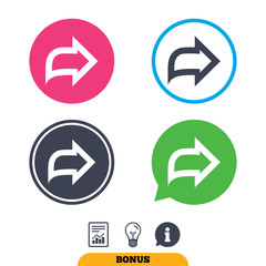 Arrow sign icon. Next button. Navigation symbol. Report document, information sign and light bulb icons. Vector