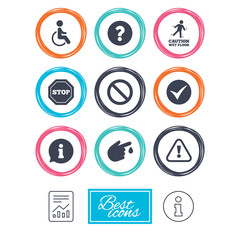 Attention caution icons. Question mark and information signs. Injury and disabled person symbols. Report document, information icons. Vector