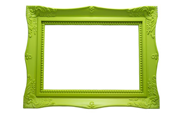 Picture frame green wood frame in white background.