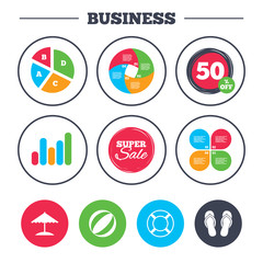 Business pie chart. Growth graph. Beach holidays icons. Ball, umbrella and flip-flops sandals signs. Lifebuoy symbol. Super sale and discount buttons. Vector
