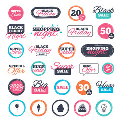 Sale shopping stickers and banners. Birthday party icons. Cake with ice cream signs. Air balloon with rope symbol. Website badges. Black friday. Vector