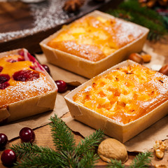 The assortment of Christmas Holiday Fruit Apricot, Apple and Cranberry Cakes. Selective focus.