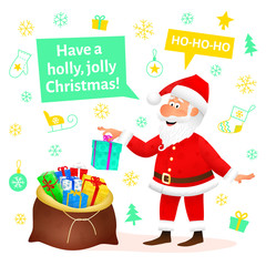 Santa Claus flat character isolated on white Christmas hand drawn background. Funny old man carrying sack with gifts, waving hand and wishing holly jolly Christmas. Cartoon vector illustration.