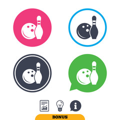 Bowling game sign icon. Ball with pin skittle symbol. Report document, information sign and light bulb icons. Vector
