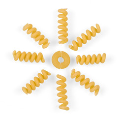 Pasta: helical and curved lay out as the sun isolated.