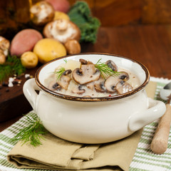 Cream of Mushroom Potato Soup. Selective focus.