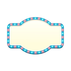 Blank 3d retro light banner with shining bulbs. Blue sign with blue and red lights and blank space for text. Vintage street signboard. Advertising frame with glow. Colorful vector illustration.