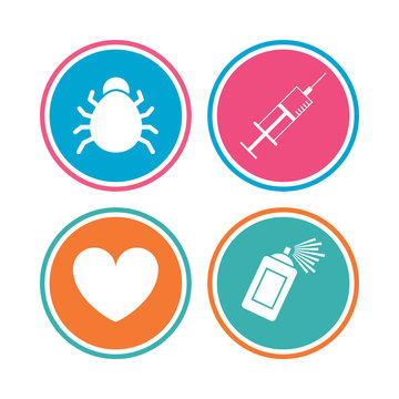 Bug and vaccine syringe injection icons. Heart and spray can sign symbols. Colored circle buttons. Vector