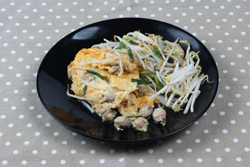 Thai food,Fried egg and oyster with bean sprouts and shallot as
